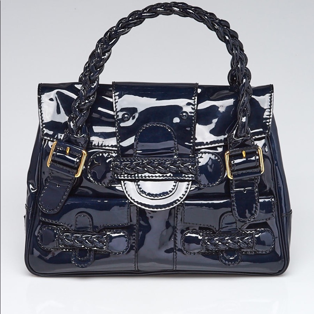VINTAGE VALENTINO GARAVANI NAVY BLUE PATENT LEATHER SATCHEL BAG